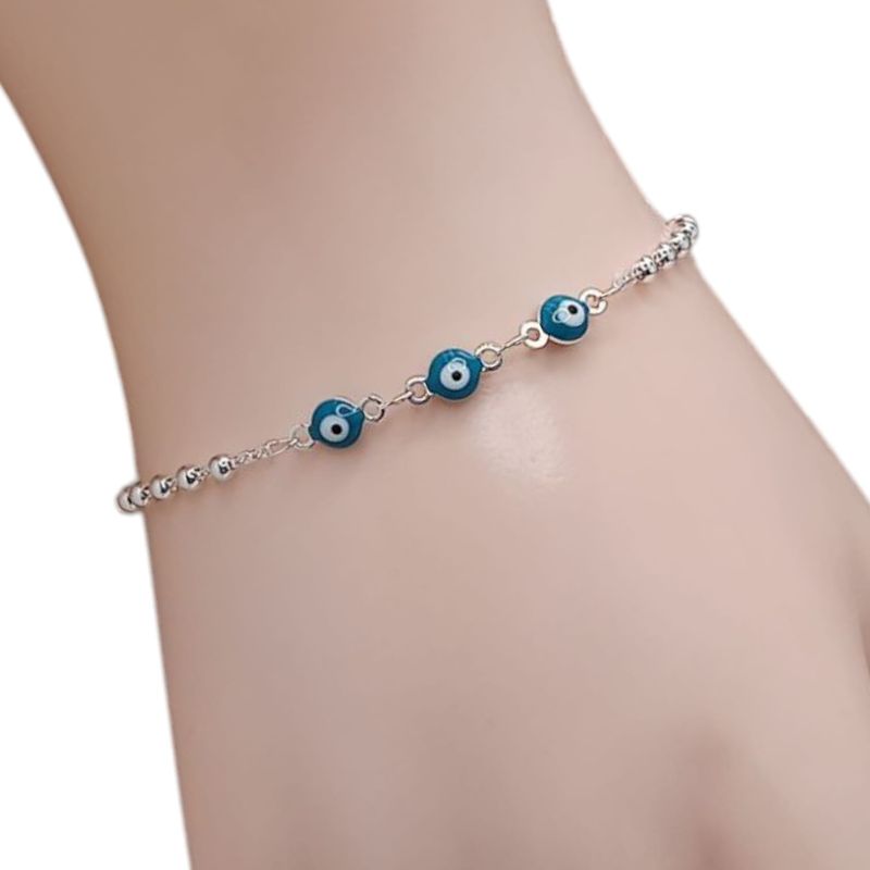 PULSERA  7&quot;   OJITO AZULAQUA, CON BOLITA 2.5MM, PLATA .925