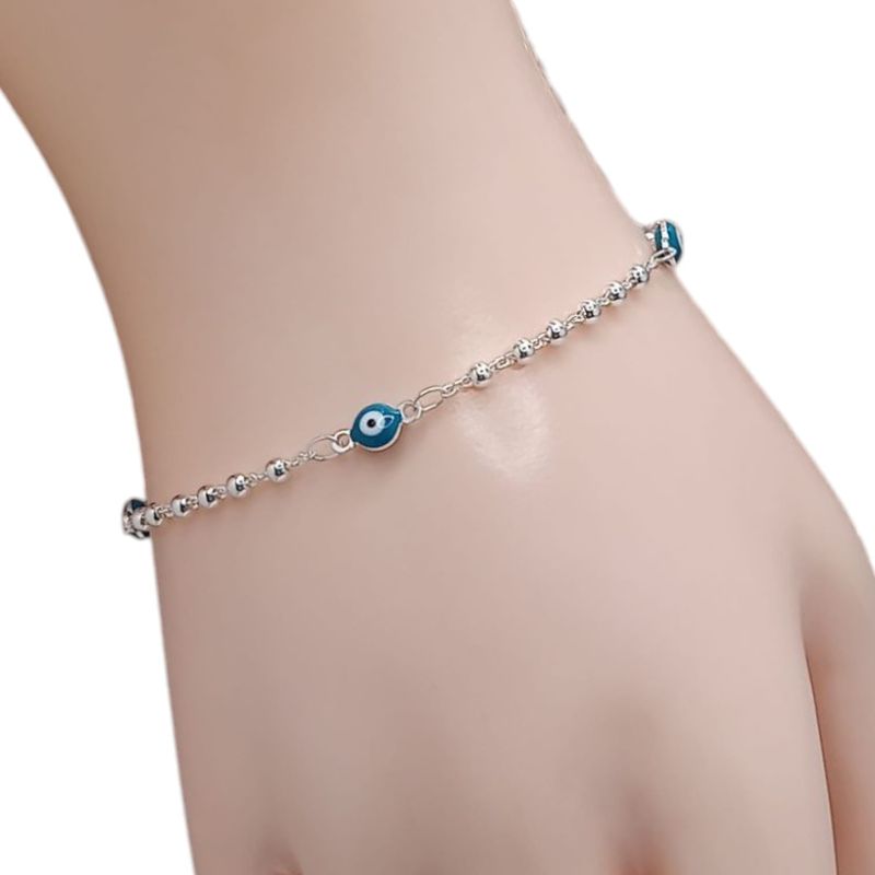 PULSERA 7&quot; OJITO AZUL AQUA, PLATA .925