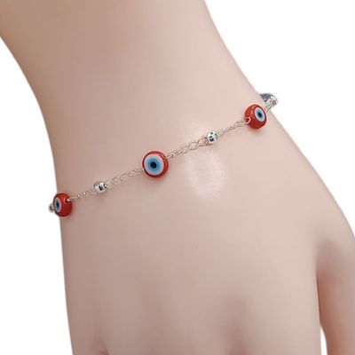 PULSERA 7.5&quot; A 8&quot; AJUSTABLE, OJITO ROJO. PLATA .925