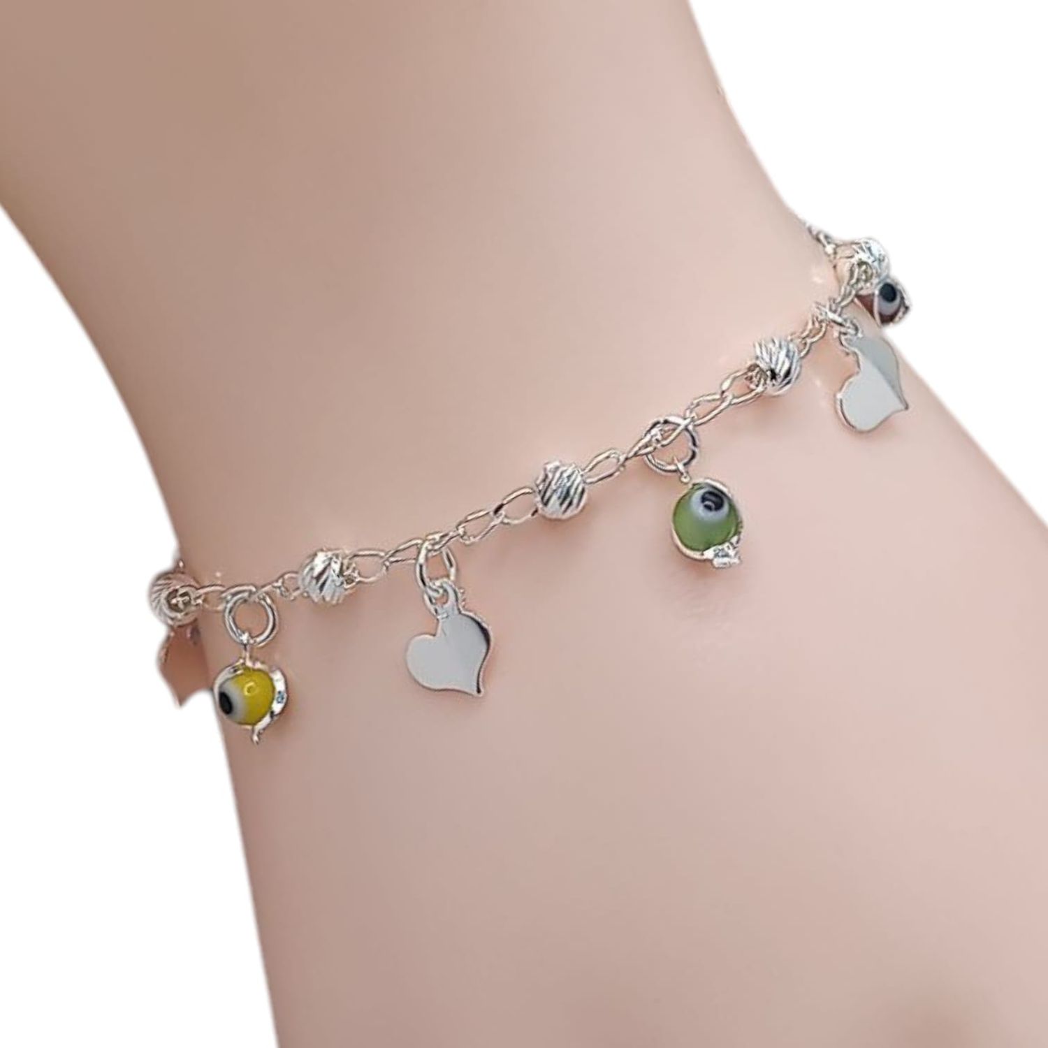 PULSERA 7&quot; CORAZONES Y OJITO DE COLORES, PLATA .925