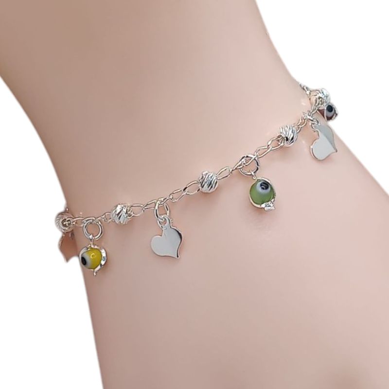 PULSERA 7&quot; CORAZONES Y OJITO DE COLORES, PLATA .925
