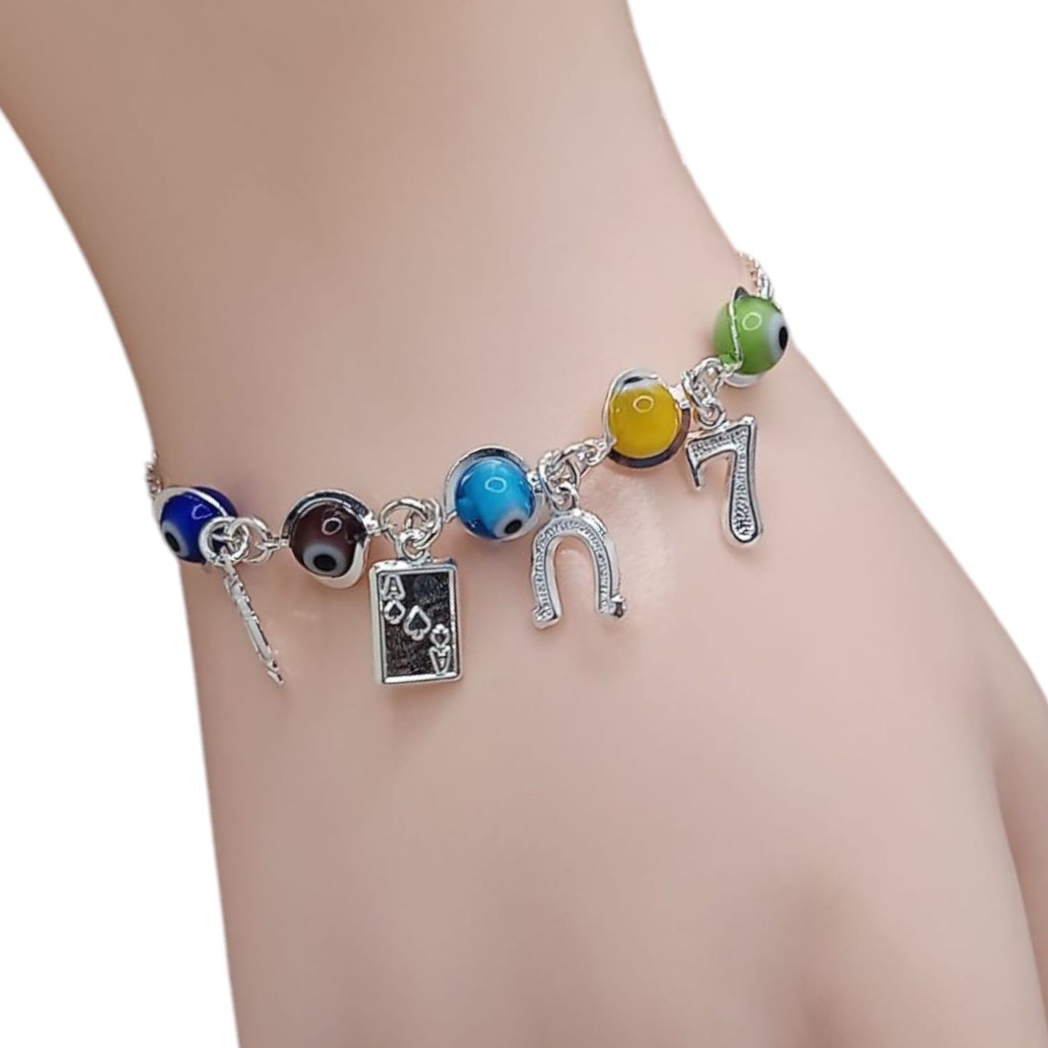 PULSERA DE LA SUERTE CON OJITOS DE COLORES, AJUSTABLE. PLATA .925
