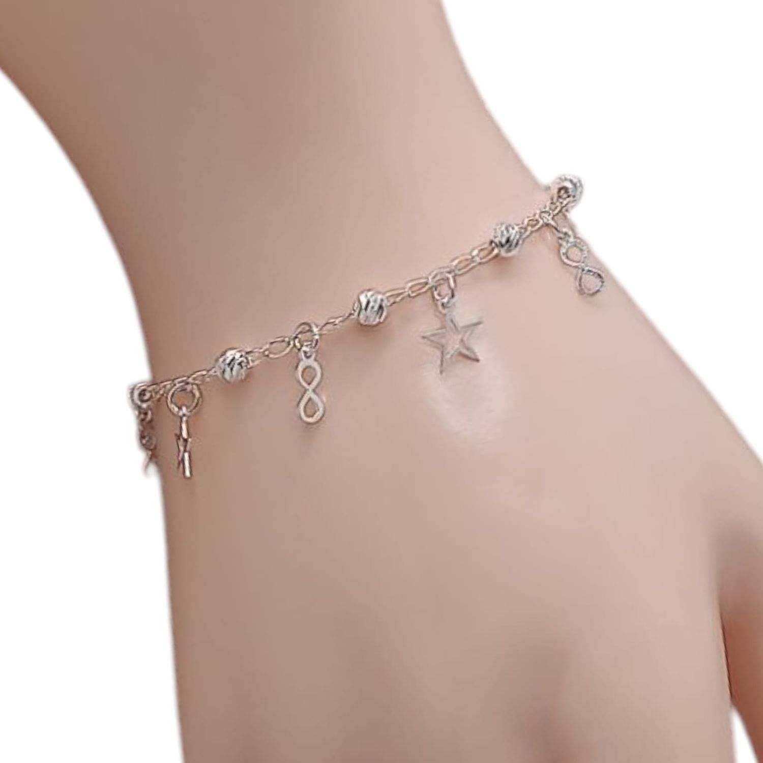 PULSERA 7&quot; ESTRELLA E INFINITO CON BOLITA 4 MM, PLATA .925