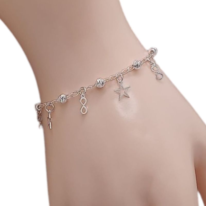PULSERA 7&quot; ESTRELLA E INFINITO CON BOLITA 4 MM, PLATA .925