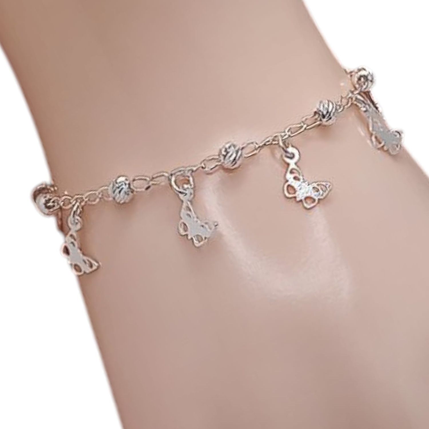 PULSERA  7&quot; MARIPOSAS Y BOLITA 4MM, PLATA .925