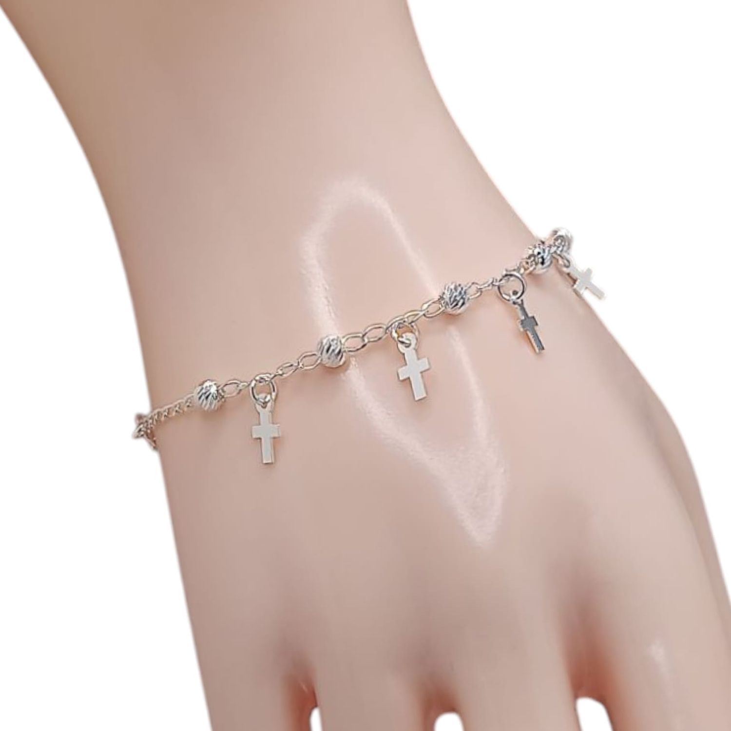 PULSERA 7&quot; CRUCES CON BOLITA 4MM, PLATA .925