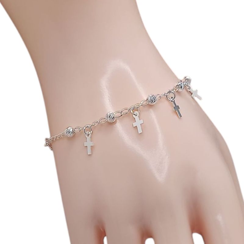 PULSERA 7&quot; CRUCES CON BOLITA 4MM, PLATA .925