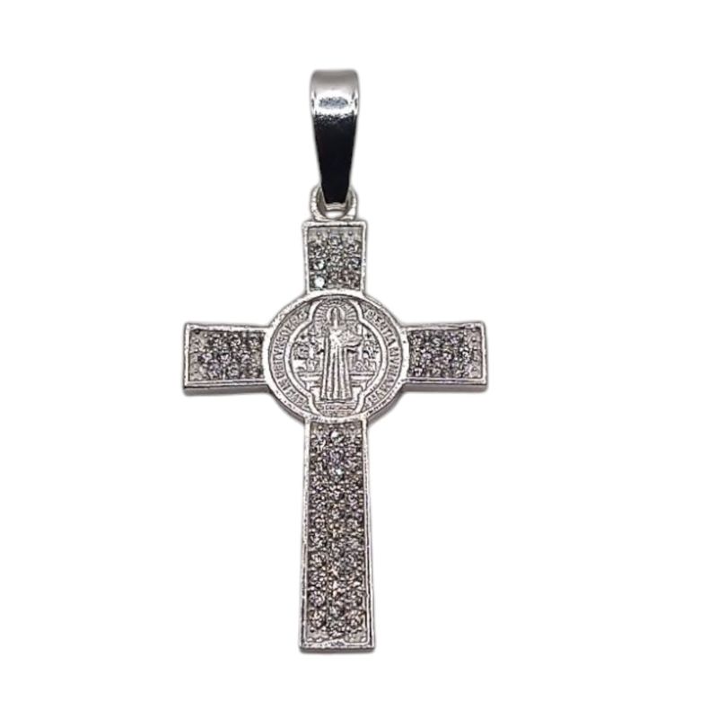 DIJE CRUZ SAN BENITO CON CZ, 3 CM LARGO PLATA .925
