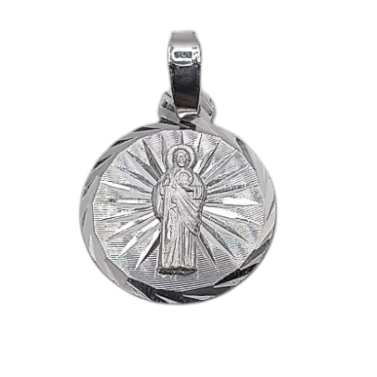 MEDALLA SAN JUDAS T REDONDA Y DIAMANTADA  2 CM, PLATA .925