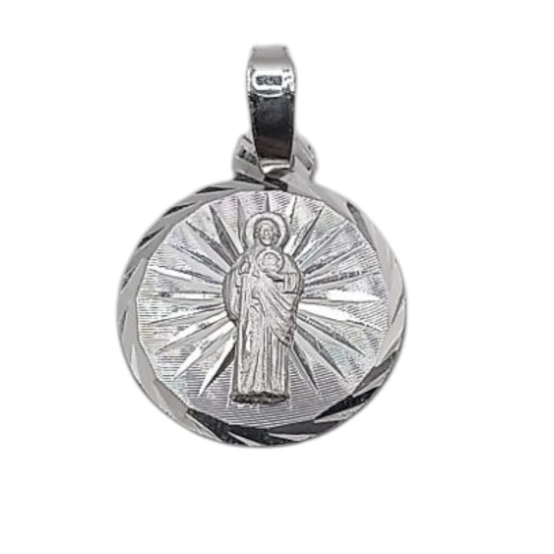 MEDALLA SAN JUDAS T REDONDA Y DIAMANTADA  2 CM, PLATA .925