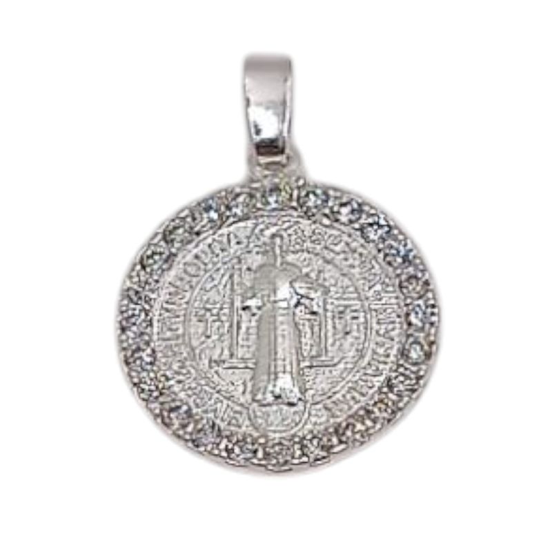 MEDALLA SAN BENITO CON CZ  2 CM, PLATA .925