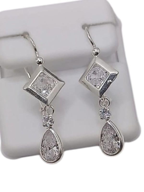 ARETE ROMBO CON GOTA, CZ BCA  3.5 CM PLATA .925