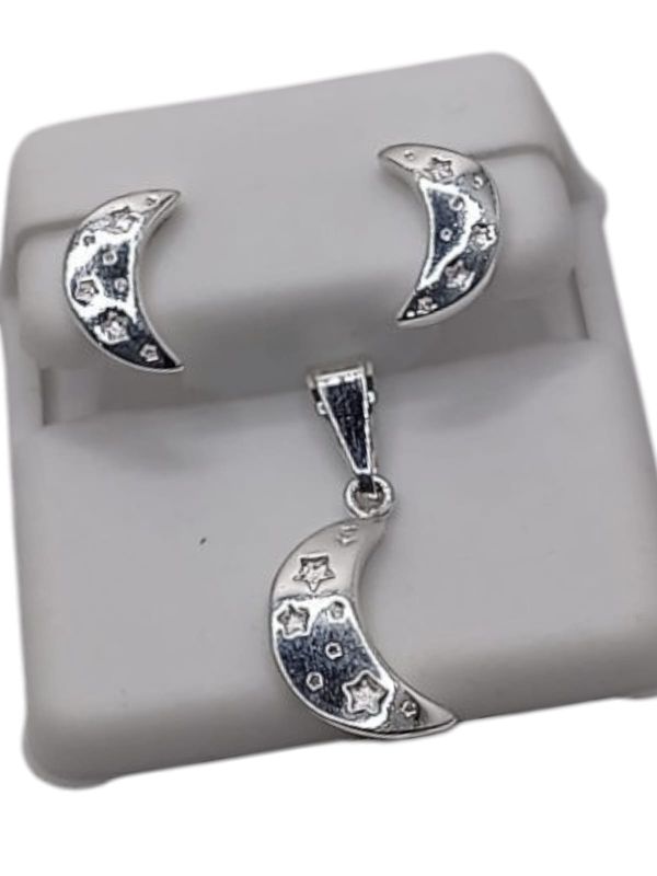 JUEGO DE ARETE Y DIJE LUNA CON ESTRELLAS, PLATA .925