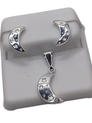 JUEGO DE ARETE Y DIJE LUNA CON ESTRELLAS, PLATA .925