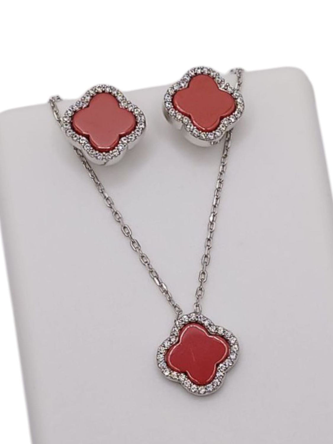GARGANTILLA TREBOL ROJO  16&quot; A 18&quot; AJUSTABLE ARETE BROCHE MARIPOSA PLATA .925
