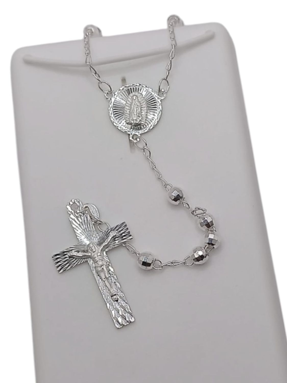 ROSARIO 18&quot; VIRGEN DE GPE Y CRISTO, BOLA 4MM, PLATA .925