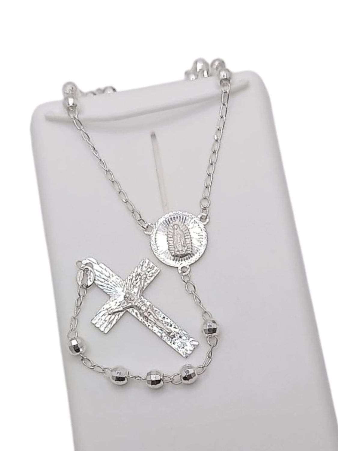 ROSARIO 24&quot;VIRGEB DE GPE DIAMANTADA Y CRISTO, BOLA  4MM, PLATA .925