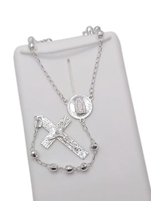 ROSARIO  22&quot;   VIRGEN DE GPE DIAMANTADA CON CRISTO, BOLA  LISA 4MM, PLATA .925