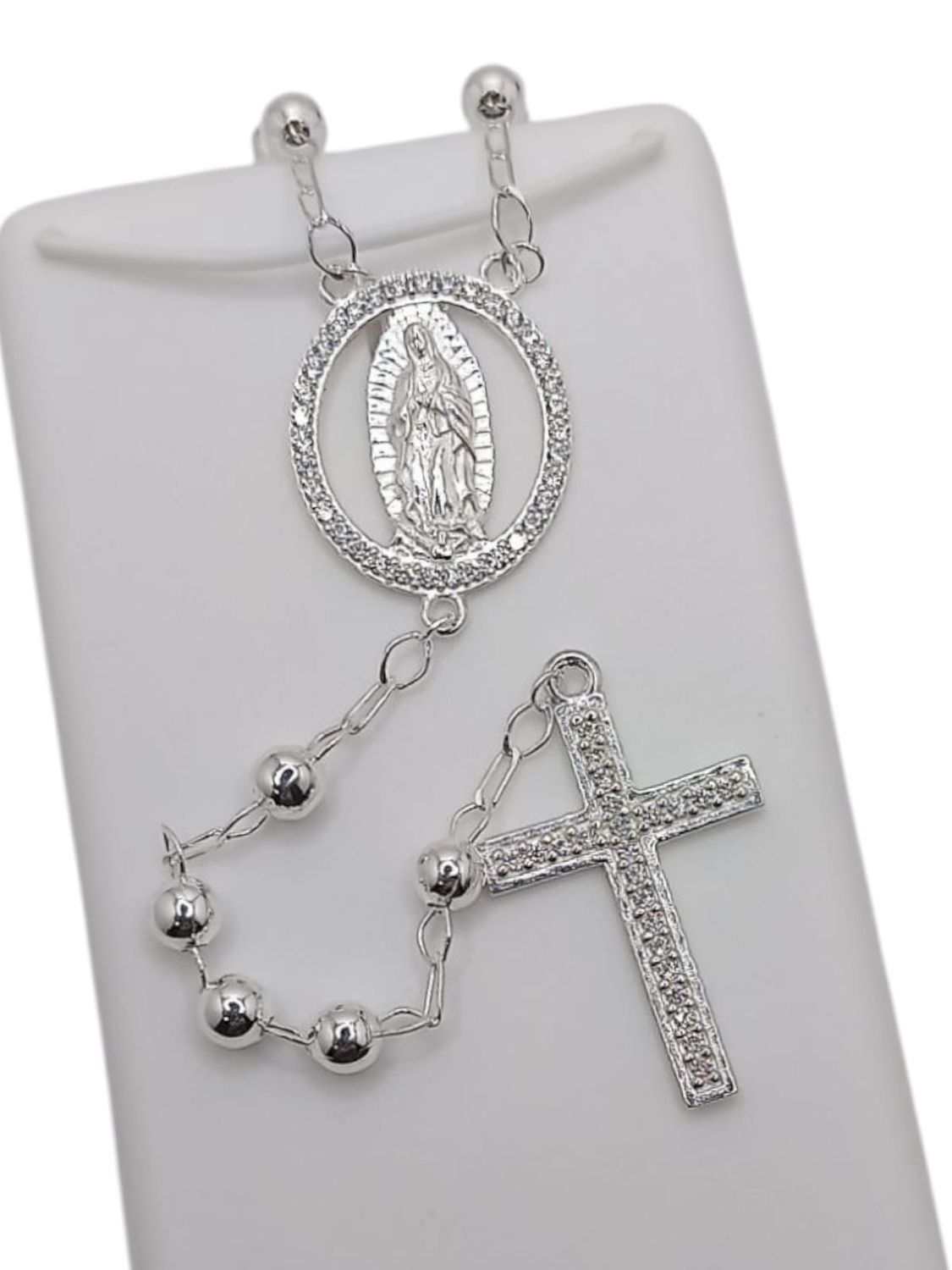 ROSARIO 24&quot; VIRGEN DE GPE Y CRUZ CON CZ, BOLA LISA 5 MM, PLATA .925
