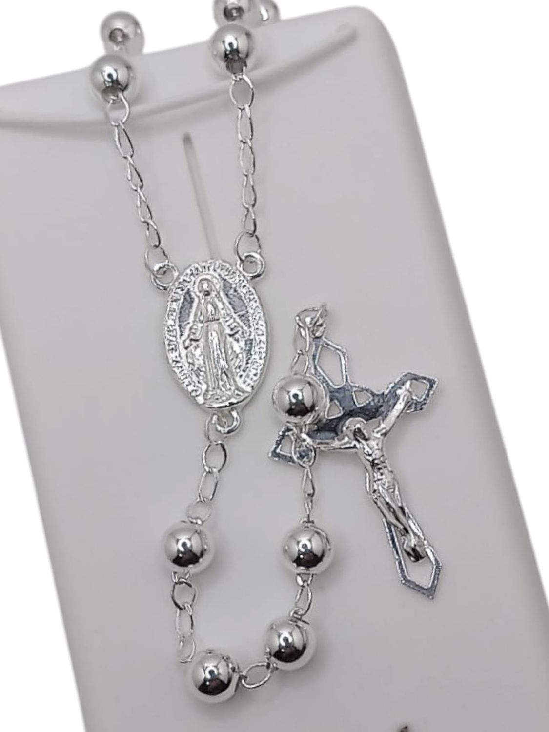 ROSARIO 28&quot;  VIRGEN MILAGROSA Y CRISTO, BOLA LISA 6 MM, PLATA .925
