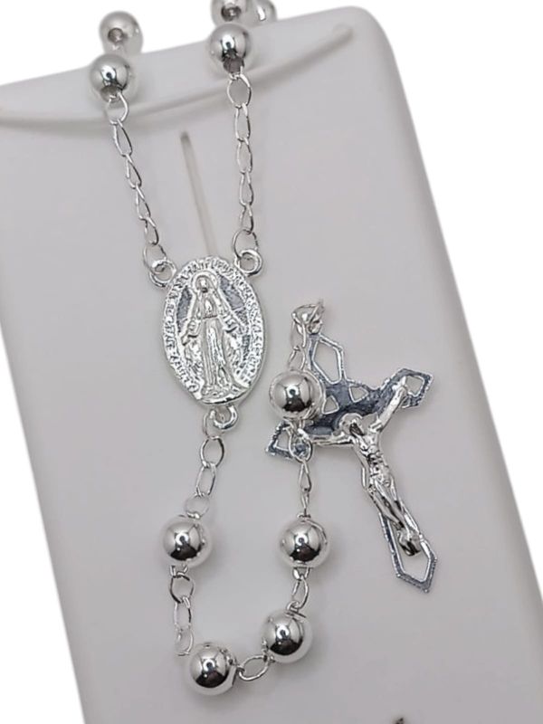 ROSARIO 28"  VIRGEN MILAGROSA Y CRISTO, BOLA LISA 6 MM, PLATA .925