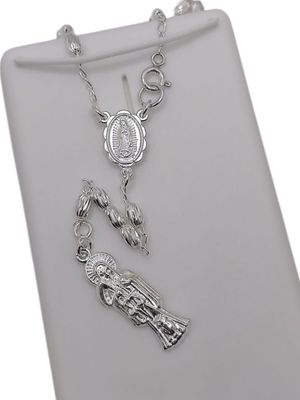 ROSARIO SANTA MUERTE BOLA DE ARROZ FACETADA 24&quot; PLATA .925