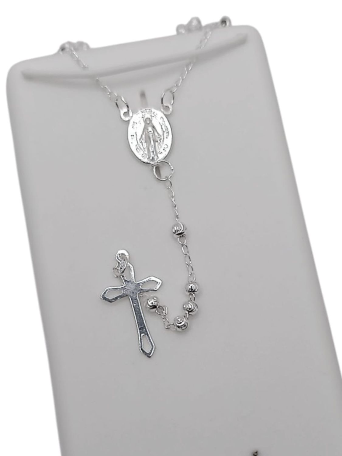 ROSARIO 18&quot; VIRGEN MILAGROSA,BOLA DIAMANTADA  3MM PLATA .925