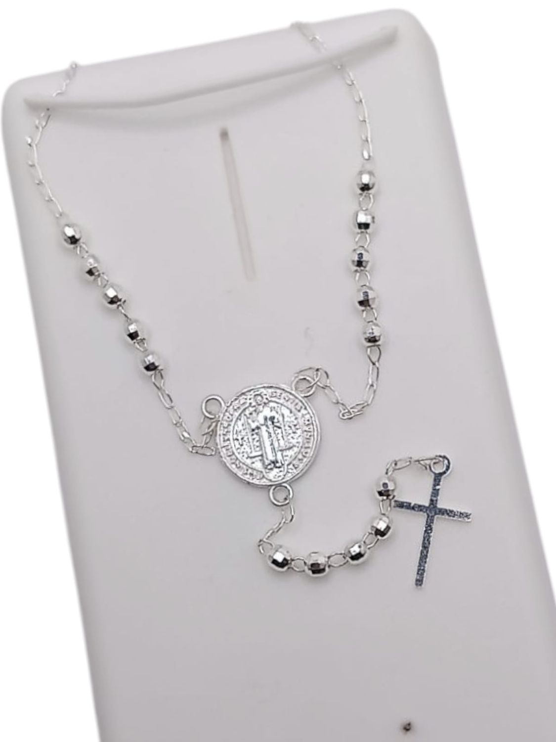 GARGANTILLA MISTERIO  MEDALLA SAN BENITO AJUSTABLE 20&quot; 3MM BOLA FACETADA PLATA .925