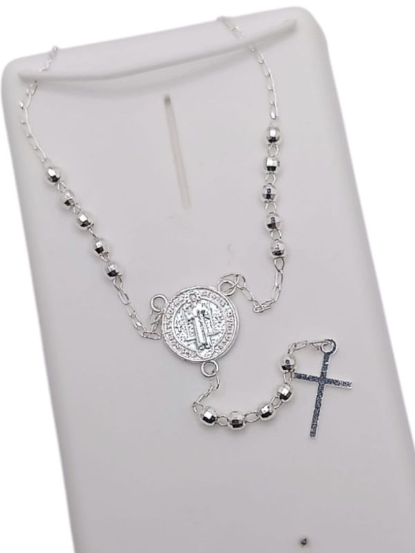 GARGANTILLA MISTERIO  MEDALLA SAN BENITO AJUSTABLE 20&quot; 3MM BOLA FACETADA PLATA .925