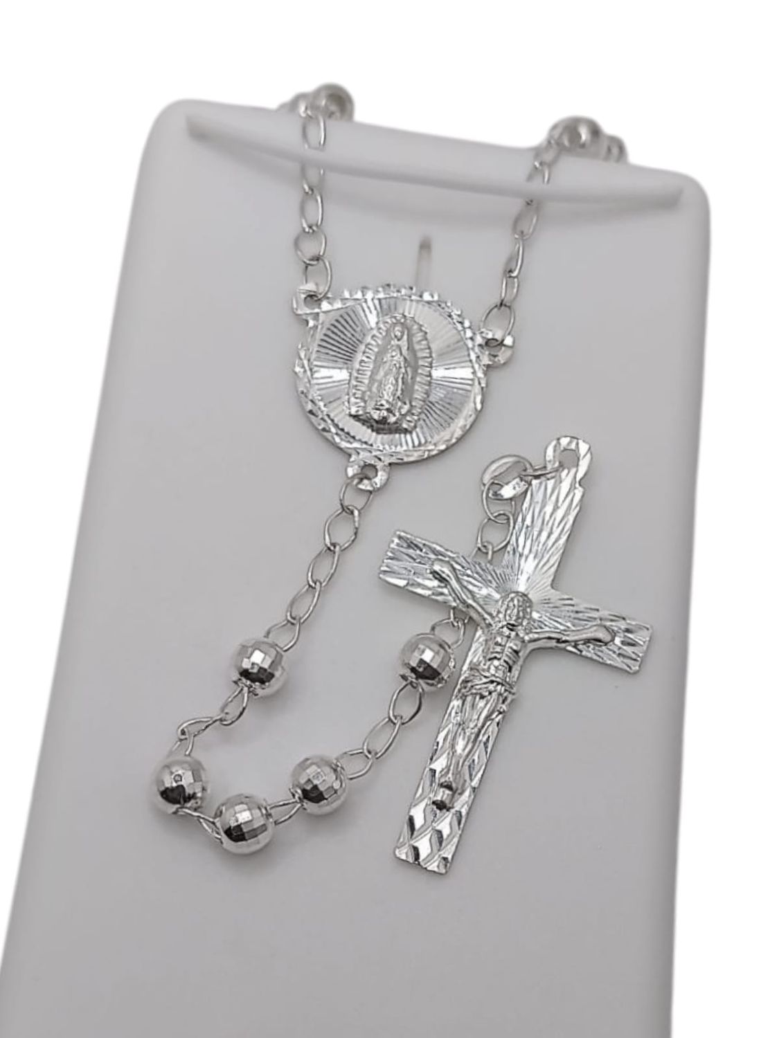 ROSARIO 24&quot; BOLA DIAMANTADA 5 MM, VIRGEN DE GPE  Y CRISTO, PLATA .925