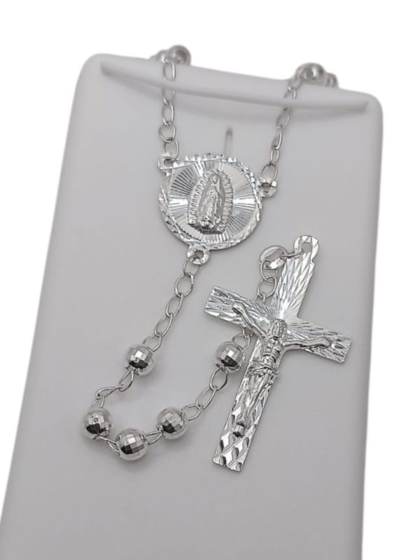 ROSARIO 24" BOLA DIAMANTADA 5 MM, VIRGEN DE GPE  Y CRISTO, PLATA .925