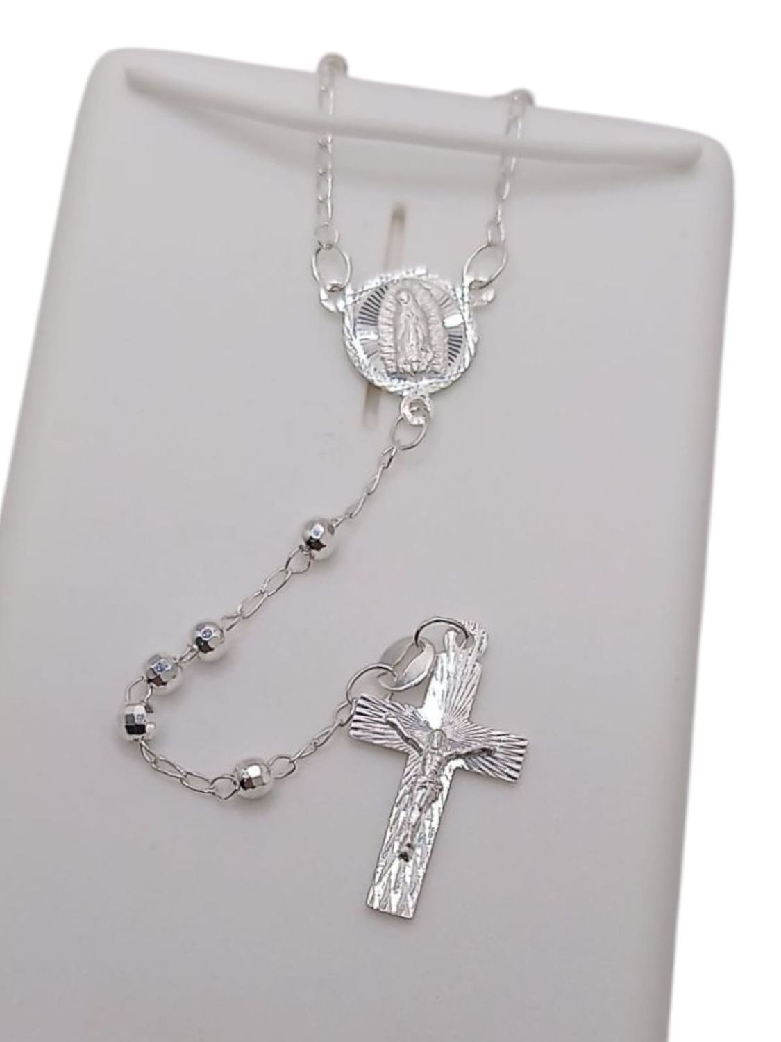 ROSARIO  20&quot;   VIRGEN DE GPE, BOLA DIAMANTADA  3MM, PLATA .925