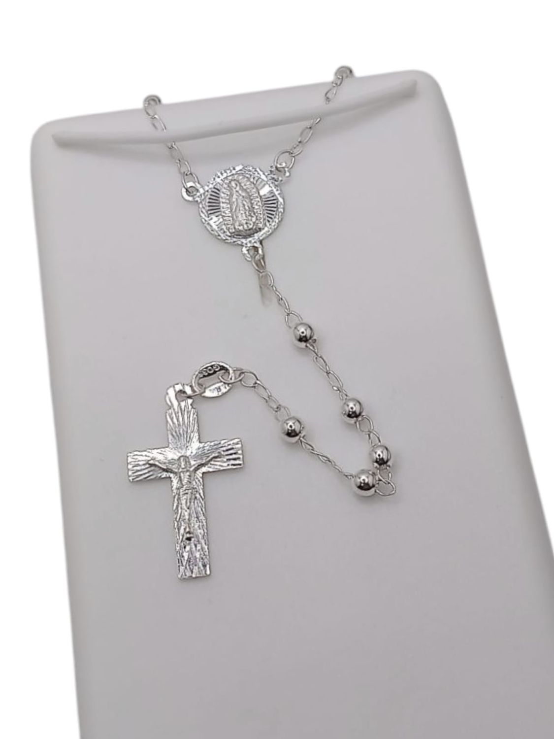 ROSARIO 20&quot; VIRGEN DE GPE CON CRISTO BOLA  3MM PLATA .925