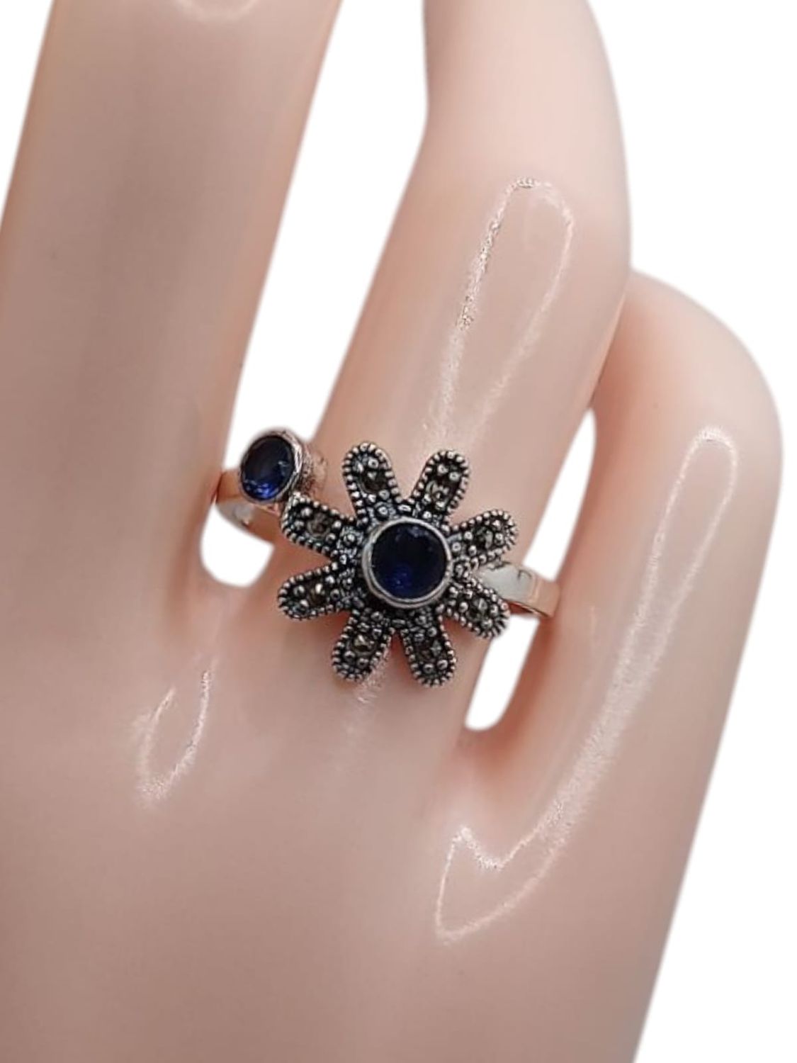 ANILLO FLOR CZ AZUL AJUSTABLE, PLATA .925