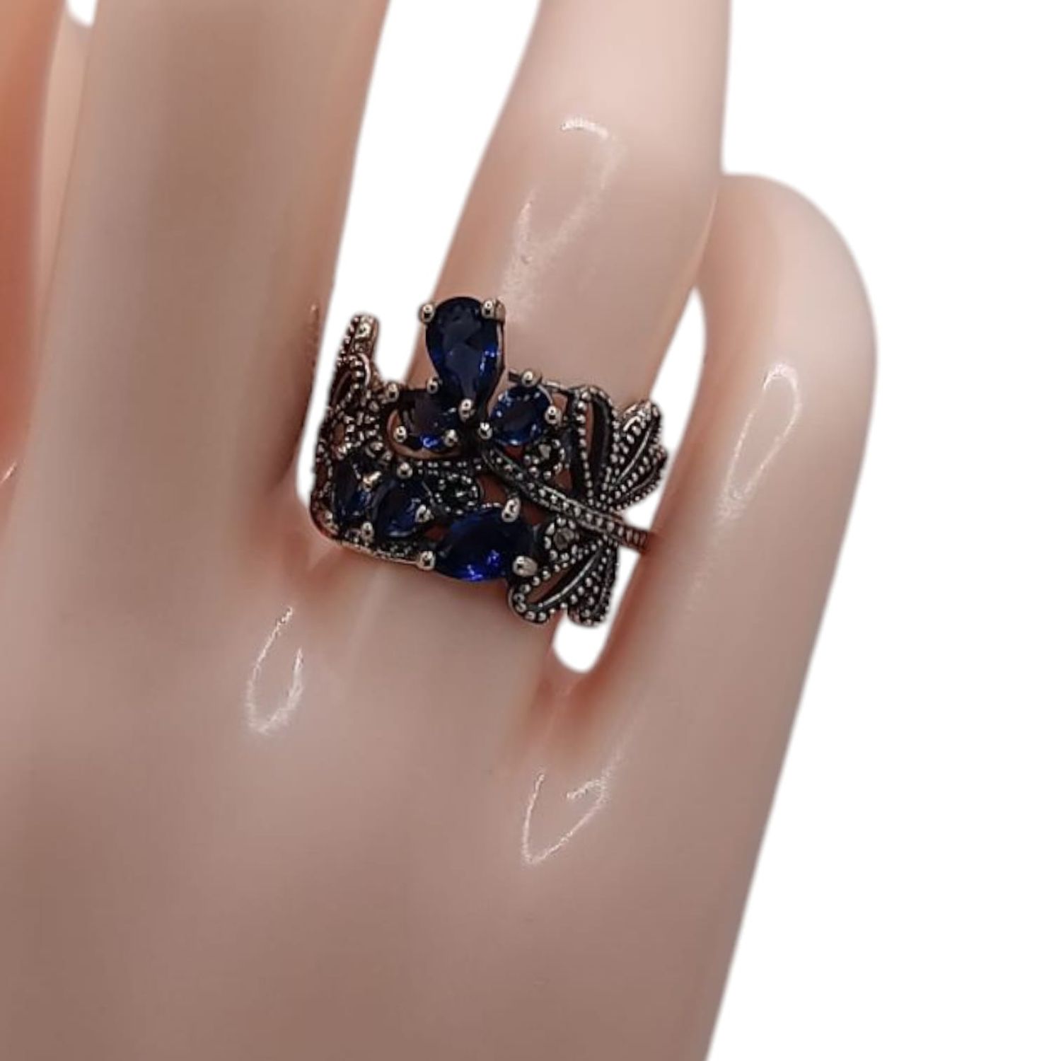 ANILLO MARQUESITA CZ AZUL NAVY, # 6.5, PLATA .925