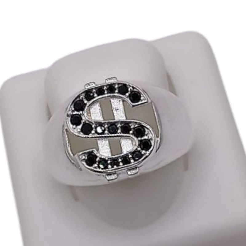 Anillo caballero Dinero CZ negro. Medida #9 PLATA .925