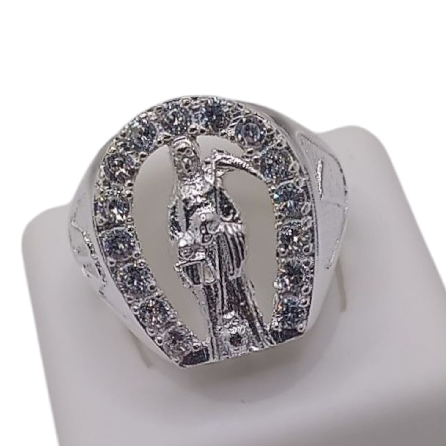 ANILLO CABALLERO HERRADURA CON CZ Y SANTA MUERTE # 13 PLATA .925
