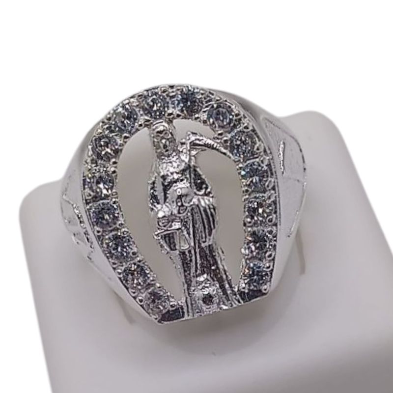 ANILLO CABALLERO HERRADURA CON CZ Y SANTA MUERTE # 13 PLATA .925