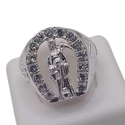 ANILLO CABALLERO HERRADURA CON CZ Y SANTA MUERTE # 13 PLATA .925