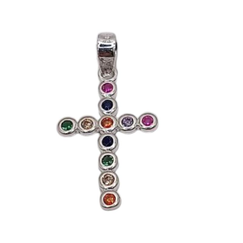 DIJE CRUZ CZ MULTICOLOR  2.5 CM PLATA .925