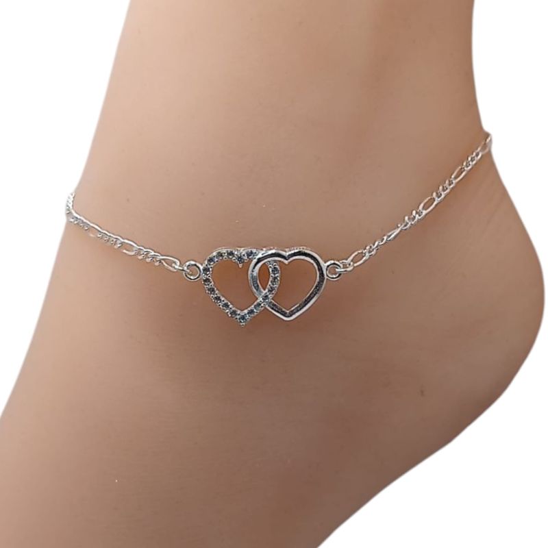 TOBILLERA FIGARO CON CORAZONES CON CZ 9.5&quot; PLATA .925