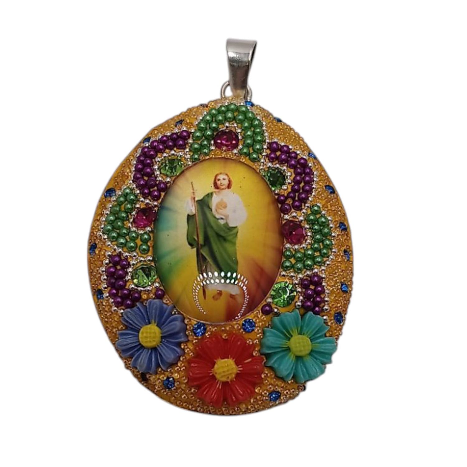 MEDALLA SAN JUDAS CON FLORES 4 CM DE LARGO PLATA .925
