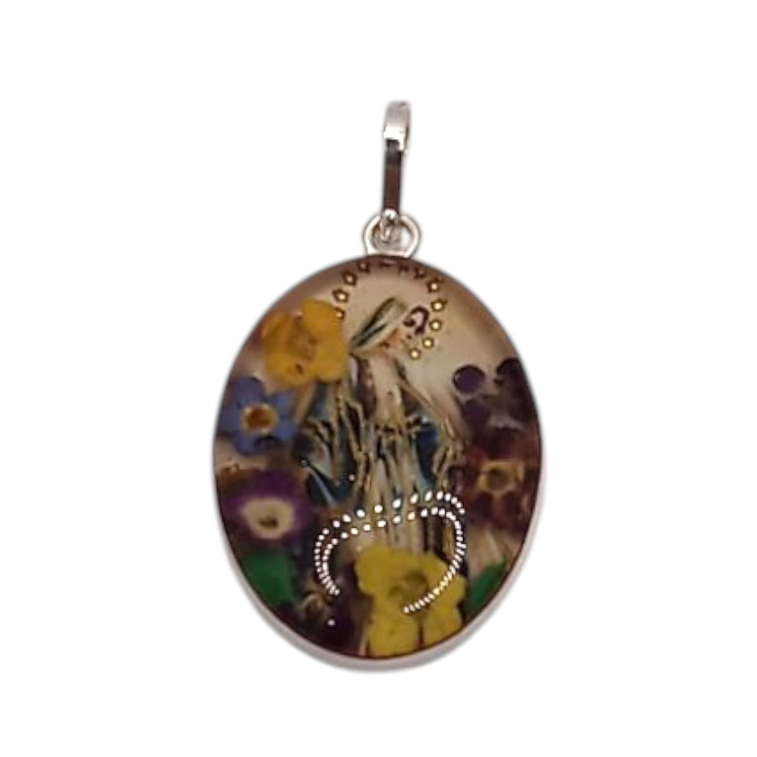 Medallon Virgen Milagrosa con Naturaleza Muerta. 2.2cm. de largo PLATA .925