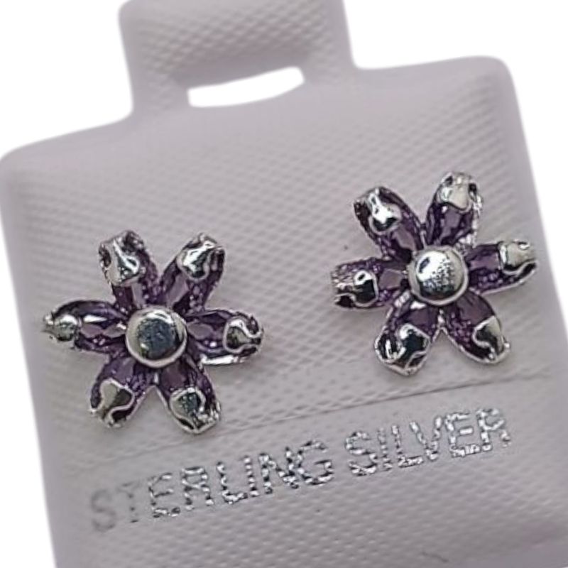 BROQUEL FLOR CZ LILA, BROCHE BOLITA PLATA .925