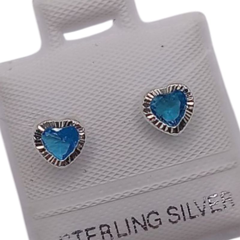 BROQUEL CORAZON BISELADO CZ AZUL BROCHE BOLITA, PLATA .925