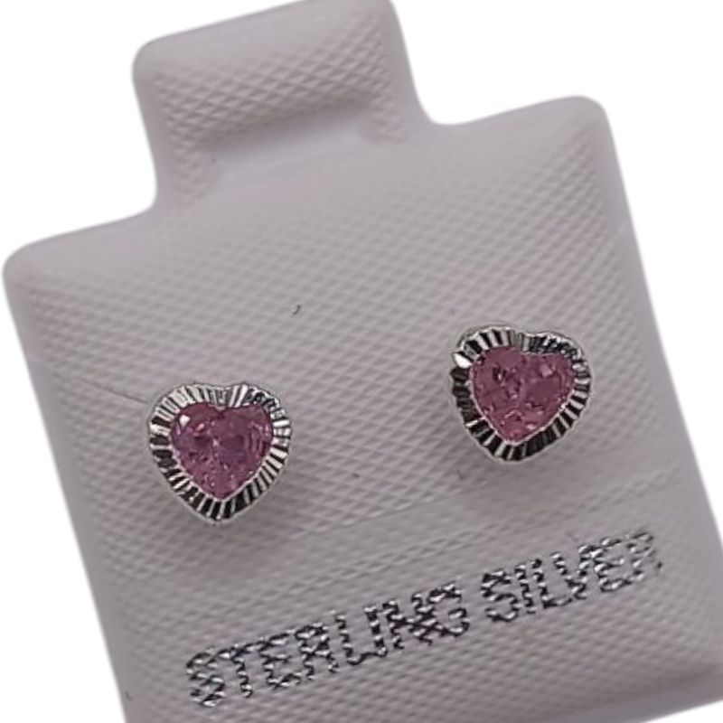 BROQUEL CORAZON BISELADO CZ ROSA, BROCHE BOLITA, PLATA .925