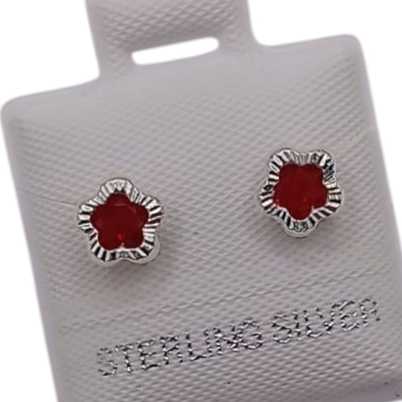 BROQUEL FLORECITA CZ ROJA BROCHE BOLITA, PLATA .925
