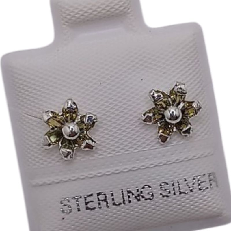 BROQUEL FLOR CZ VERDE OLIVA, BROCHE BOLITA PLATA .925
