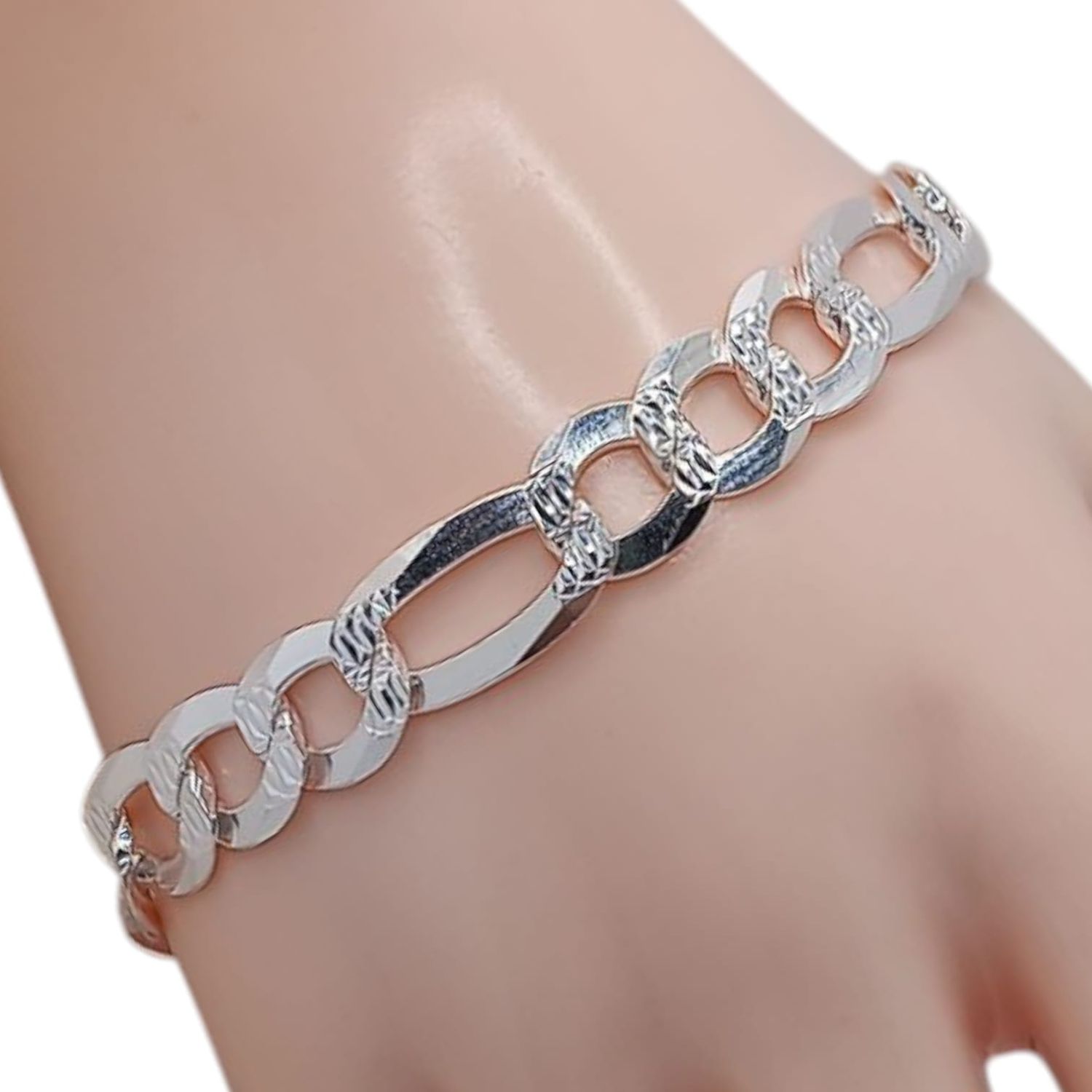 PULSERA FIGARO DIAMANTADA  9&quot; 10MM, PLATA .925