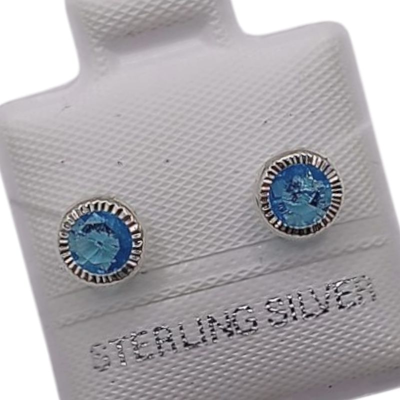 BROQUEL REDONDO CON BISEL CZ AZUL, BROCHE MARIPOSA, PLATA .925